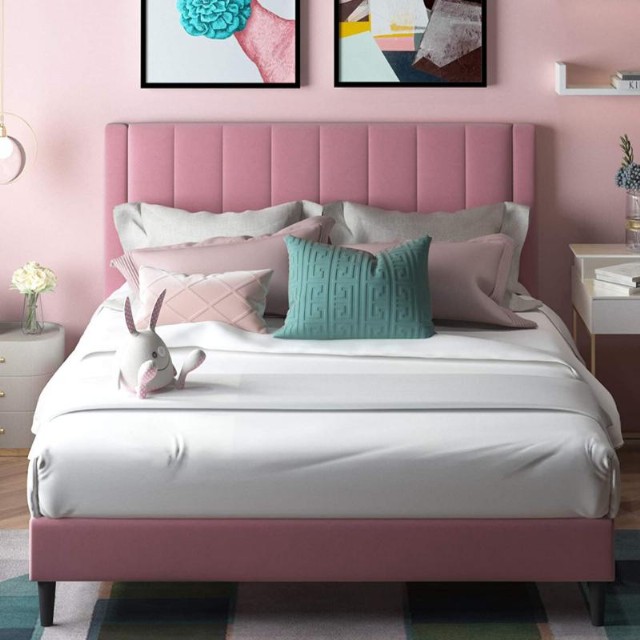 Pembe Karyola Takımı Yatak Odası Yatak Baza Modern Dilimli Desenli