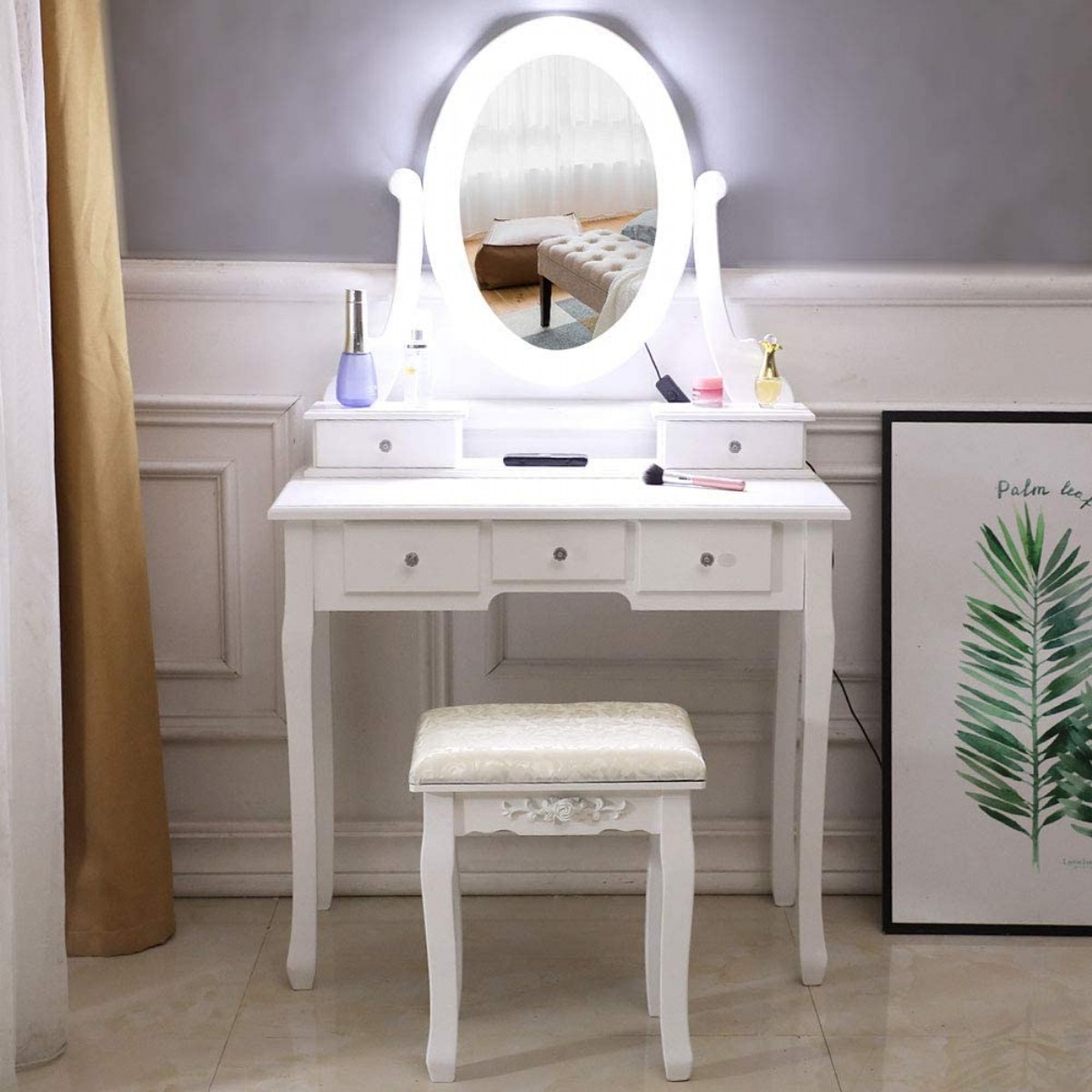 Yuvarlak Aynalı 5 Çekmeceli Makyaj Masası Lüks Tuvalet Masaları