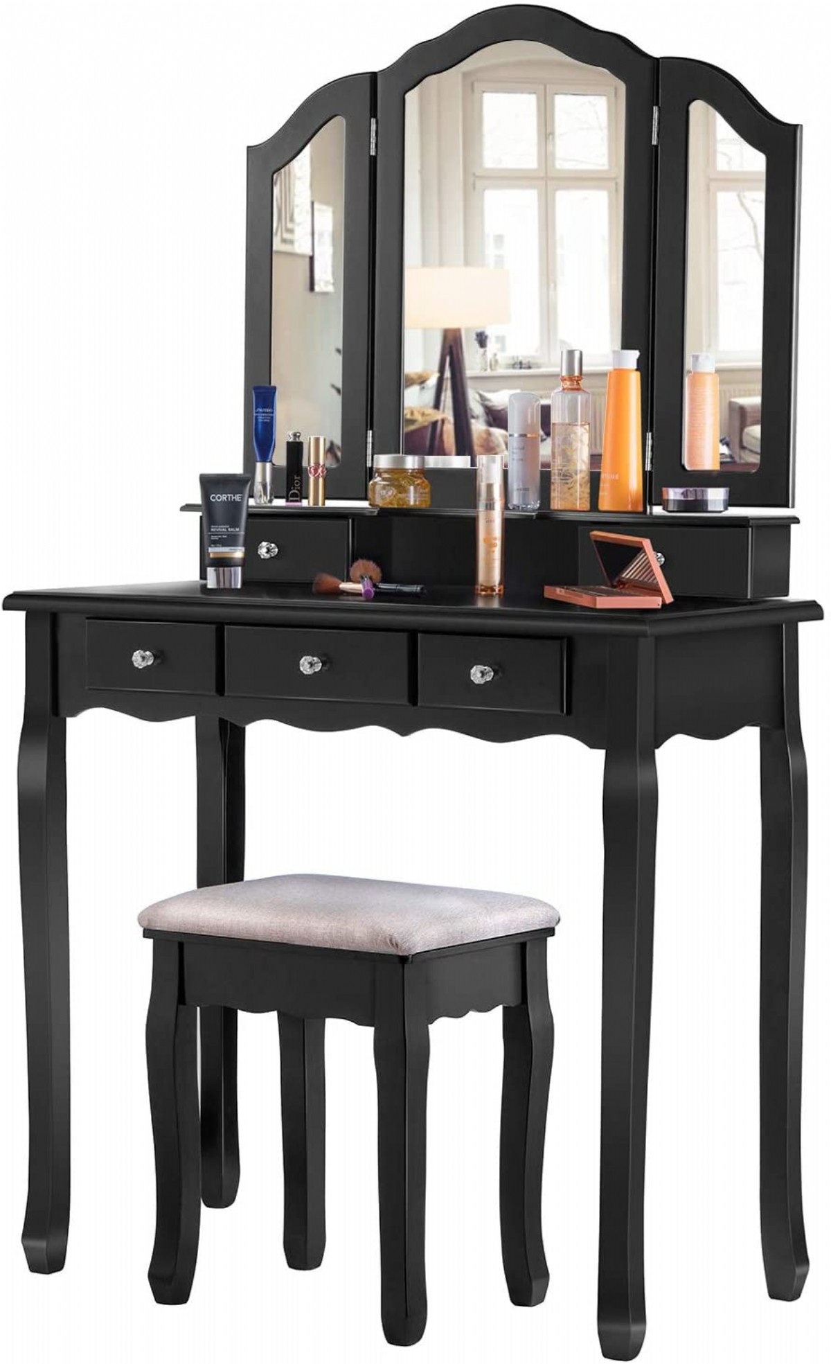 5 Çekmeceli Makyaj Masası Siyah Aynalı Ahşap Ayaklı Modern