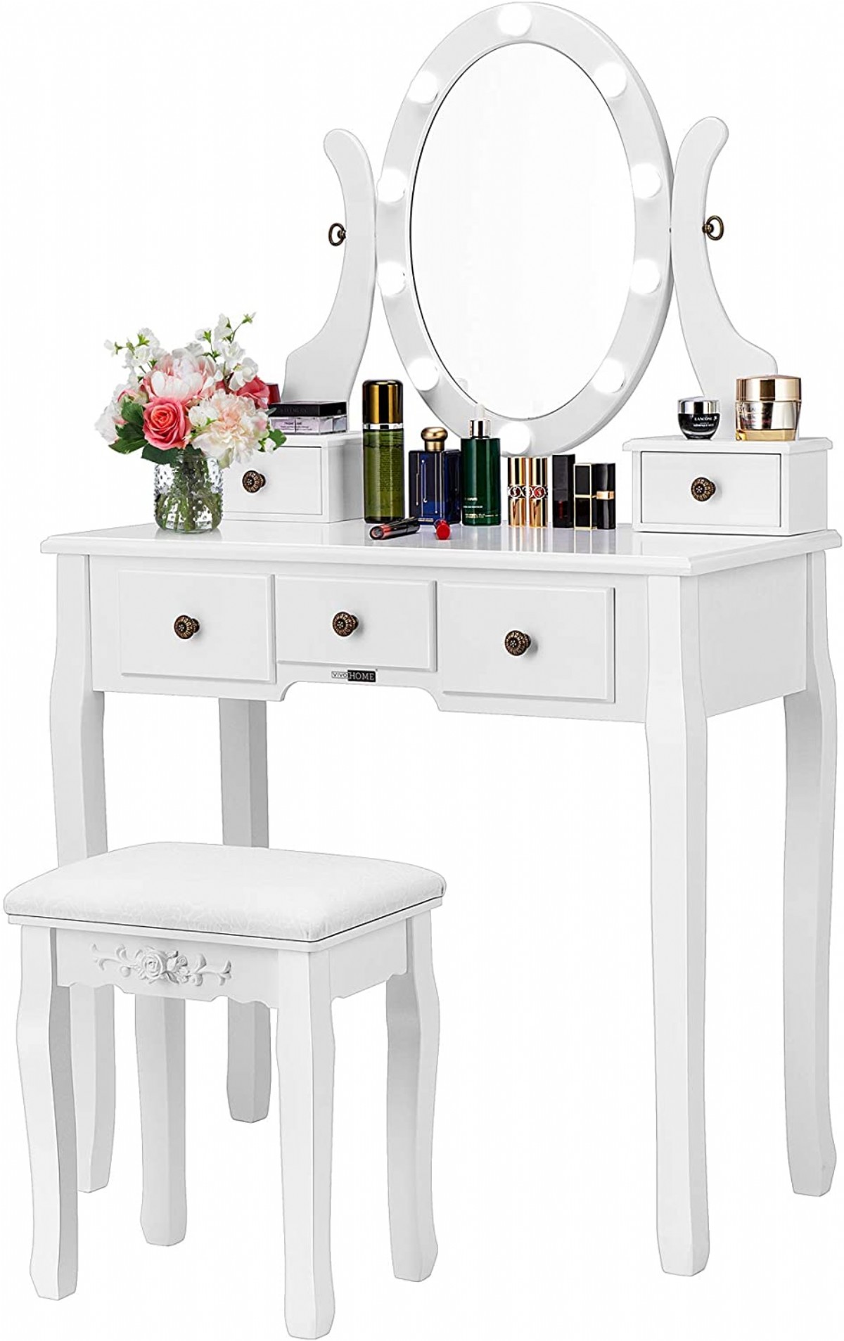 Beyaz Lüks Çekmeceli Yuvarlak Aynalı Makyaj Masası Puflu