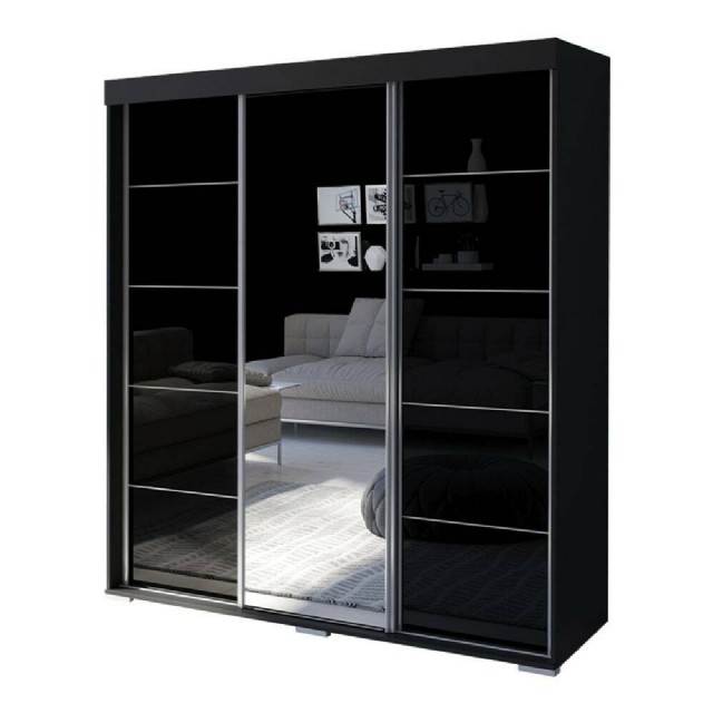 Aynalı Modern 3 Kapılı Gardırop Siyah Sürgülü Raylı